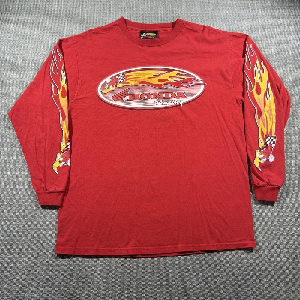 Honda Shirt Mens Large Red Racing Flames Long Sleeve Woody Woodpecker